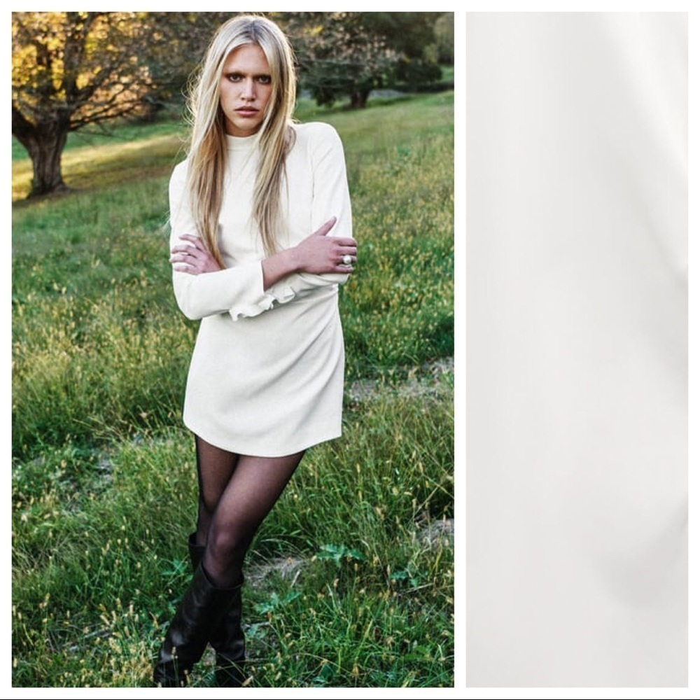 🌹NWT. Zara Ecru Mini Dress with Ruching, High Collar. Size S. - Picture 1 of 9